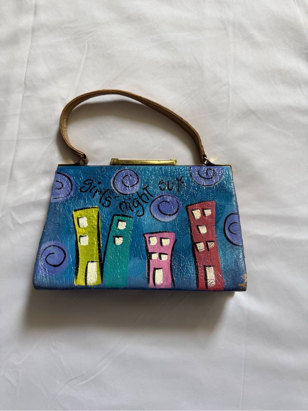 Vintage Hand Painted Ostrich Leather Frame Bag Cityscape Skyline Handbag Art